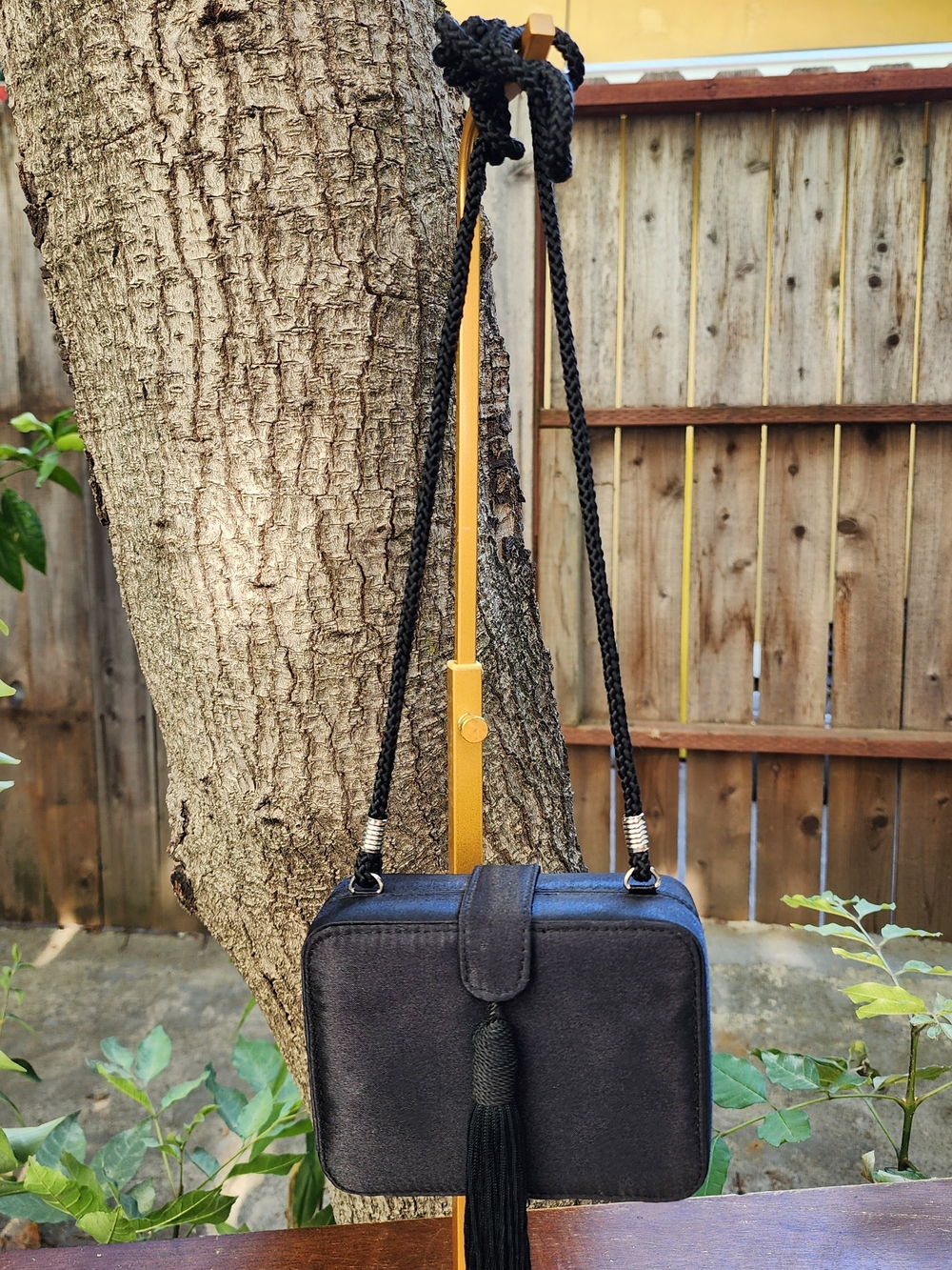 Vintage Jessica McClintock Black Satin Tassel Box Clutch Crossbody Bag